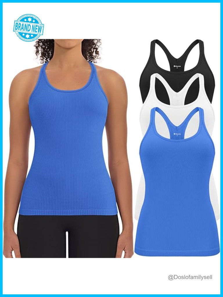 3 Pack Ribbed Seamless Racerback Tank Tops With Built In Bra For Women